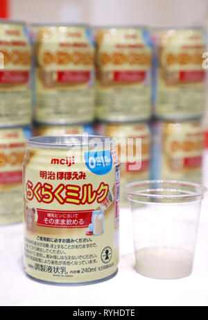 Tokyo, Japan. 13th Mar, 2019. Japan's milk, dairy products and food company Meiji displays the company's canned liquid baby formula which will go on sale end of this month at Meiji's headquarters in Tokyo on Wednesday, March 13, 2019. Japanese government approved to produce and sell liquid milk last August since liquid milk is useful in the case of disaster. Credit: Yoshio Tsunoda/AFLO/Alamy Live News Stock Photo