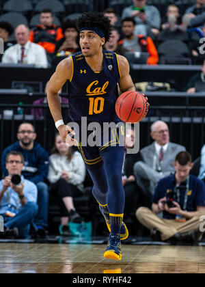 Las Vegas, NV, USA. 13th Mar, 2019. A. California Bears forward Justice Sueing (10) brings the ball up court during the NCAA Pac 12 Men's Basketball tournament between the Colorado Buffaloes and the California Golden Bears 56-51 lost at T Mobile Arena Las Vegas, NV. Thurman James/CSM/Alamy Live News Stock Photo