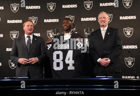 Alameda, United States. 13th Mar, 2019. Mar 13, 2019; Alameda, CA, USA;  Oakland Raiders receiver Antonio Brown is introduced at a press conference  at the Raiders practice facility. From right: Raiders coach