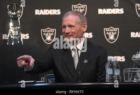 Alameda, United States. 13th Mar, 2019. Mar 13, 2019; Alameda, CA, USA;  Oakland Raiders receiver Antonio Brown is introduced at a press conference  at the Raiders practice facility. From right: Raiders coach