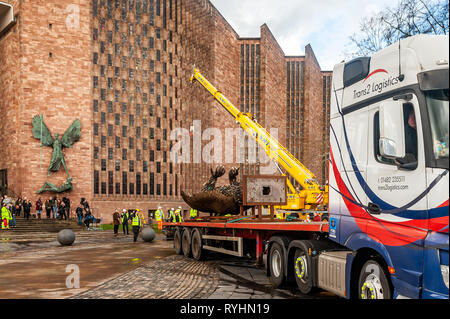 Coventry, West Midlands, UK. 14th March, 2019.  The Knife Angel, which is made up of 100,000 knives which were handed into police forces around the country, was erected outside Coventry Cathedral today. The Knife Angel is a 27 foot high sculpture composed of knives by the artist Alfie Bradley as a physical reminder of the effects of violence and aggression. It is in Coventry until 23rd April. Credit: Andy Gibson/Alamy Live News. Stock Photo