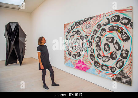 London, UK. 14th Mar 2019. Schatten and City of the Weak Heart by TillmanKaiser - Saatchi Gallery presents KALEIDOSCOPE, a new exhibition featuring the work of 9 international contemporary artists working across a variety of mediums, including Laura Buckley's interactive large-scale kaleidoscope Fata Morgana. Credit: Guy Bell/Alamy Live News Stock Photo