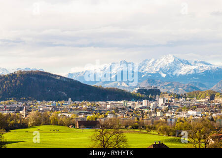 Beautiful panoramic view of Salzburg and Alps from Maria Plain in Berghein bei Salzburg, Austria Stock Photo