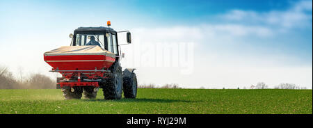 Unrecognizable farmer in agricultural tractor is fertilizing wheat crop field with NPK fertilizer nutrients Stock Photo