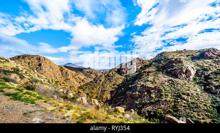 The rugged mountains of the McDowell Mountain Range viewed from Arizona Highway SR87 between Phoenix and the town of Payson in Northern Arizona Stock Photo