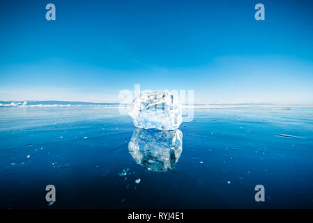 Close-up of natural breaking ice in frozen water on Lake Baikal, Siberia, Russia. Stock Photo