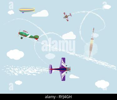 Airshow. Flight of airplanes and airship in the sky. Rocket launch. Vector graphics. Stock Vector