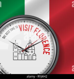The Best Time for Visit Florence. White Vector Clock with Motivational Slogan. Analog Metal Watch with Glass. Vector Illustration on Italian Flag Stock Vector