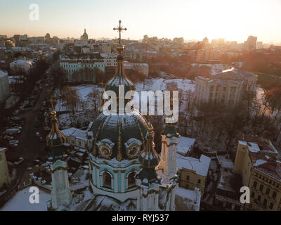 Aerial flyover of Saint Andrew's Church. Stock Photo