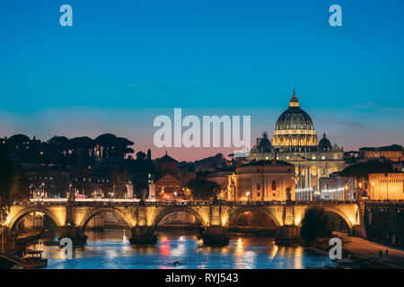 Rome, Italy - October 19, 2018: Papal Basilica Of St. Peter In The Vatican And Aelian Bridge In Evening Night Illuminations. Stock Photo
