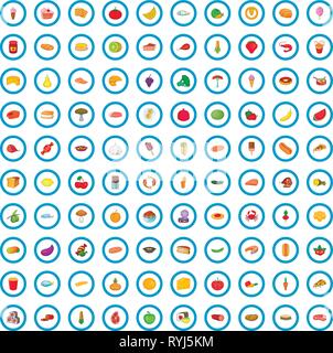 100 food icons set, cartoon style Stock Vector