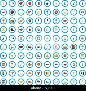100 food art icons set, flat style Stock Vector