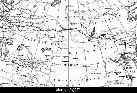 transport / transportation, railway, route, course of the Trans-Siberian Railway from Moscow to Vladivostok, Chinese Eastern Railway to Port Arthur, map, circa 1900, Additional-Rights-Clearance-Info-Not-Available Stock Photo