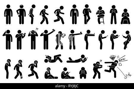 Man using, holding, and carrying phone or smartphone in different basic position and postures. Stick figures depict a set of human with a cellphone. Stock Vector