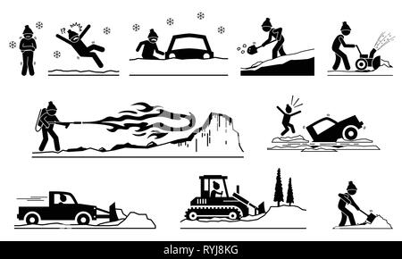 People having problems with snow and ice during winter. Pictogram depicts icons of human removing snows from roof, road, street, and house with snow p Stock Vector