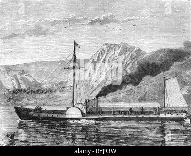 transport / transportation, navigation, steamship, paddle steamer 'North River Steamboat' 'Clermont'), constructed by Robert Fulton, in the liner service between New York City and Albany 1807 - 1814, view, wood engraving, 1875, passenger ship, passenger ships, travelling, traveling, travel, journey, journeying, cruise, inland navigation, river, rivers, Hudson River, people, USA, United States of America, 19th century, transport, transportation, steamship, steamships, paddle steamer, paddle steamers, design, designing, view, views, historic, histo, Additional-Rights-Clearance-Info-Not-Available Stock Photo