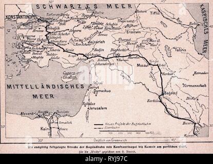 transport / transportation, railway, routes, Baghdad Railway, plan of the projected route from Constantinople to Kuwait, wood engraving after drawing by H. Amend, 'Die Woche', 1901, Additional-Rights-Clearance-Info-Not-Available Stock Photo