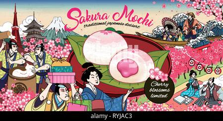 Sakura mochi ads in ukiyo-e style with beautiful cherry blossom viewing activity Stock Vector