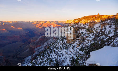 Grand Canyon Panorama with El Tovar Hotel (with turret) and Kachina Lodge at right. Stock Photo