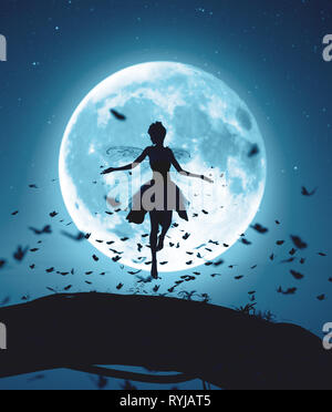 3d rendering of a fairy flying in a magical night surrounded by flock butterflies in moonlight Stock Photo