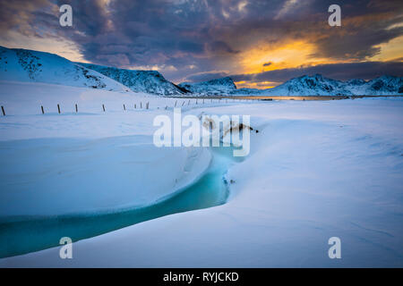 Lofoten is an archipelago and a traditional district in the county of Nordland, Norway. Stock Photo