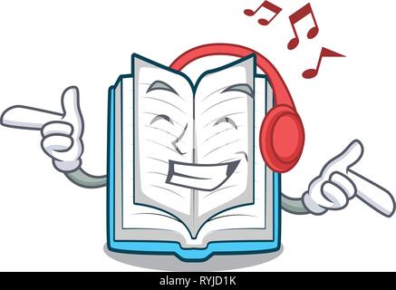 Listening music opened book in the shape mascot Stock Vector