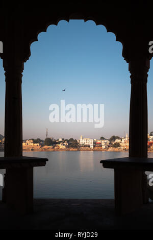 Camel fair of Pushkar with the cityscape of the town Stock Photo