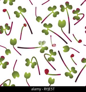 Microgreens Red Cabbage. Sprouting seeds of a plant. Seamless pattern. Isolated on white. Vitamin supplement, vegan food Stock Vector