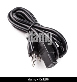 Black power cable cord isolated on white background (US 3-Prong For PC server many electric home office industrial appliance) Stock Photo