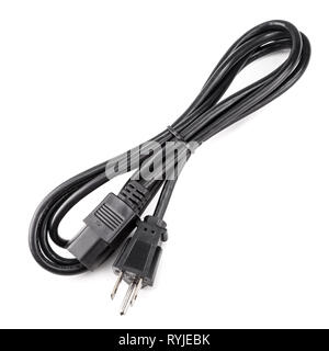 Black power cable cord isolated on white background (US 3-Prong For PC server many electric home office industrial appliance) Stock Photo