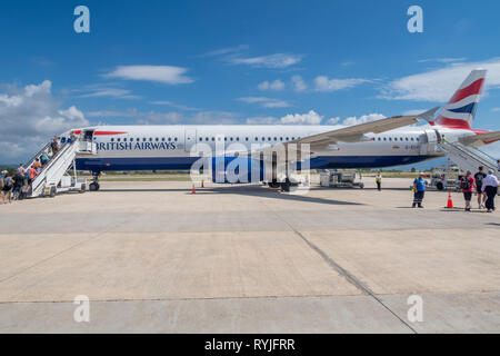 PREVEZA, GREECE - JUNE 10 2018: Passengers boarding  a British Airways airplane on Preveza airport tarmac in Greece Stock Photo
