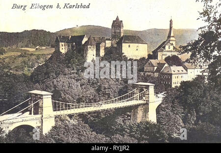 Churches in Sokolov District, History of Loket Castle, 1899, Karlovy Vary Region, Elbogen, Schloß Elbogen und Brücke, Czech Republic Stock Photo