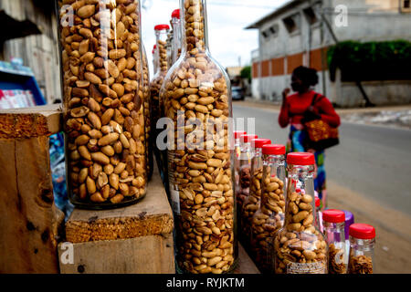 Nut shop in Grand Bassam, Ivory Coast. Stock Photo