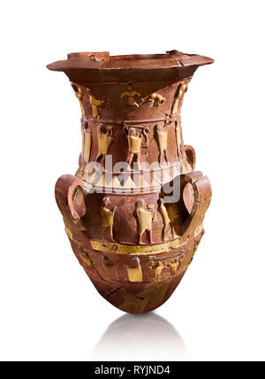 Inandik Hittite relief decorated cult libation vase with four decorative friezes featuring figures coloured in cream, red and black. The processional  Stock Photo