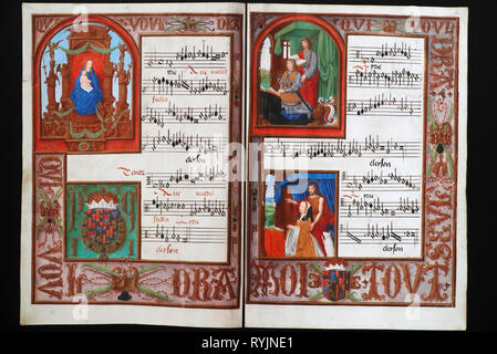 The royal monastery of Brou. Polyphony in the Picture  exhibition. Music manuscripts from Petrus AlamireÕs workshop.  16th century.  Bourg en Bresse. Stock Photo