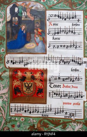 The royal monastery of Brou. Polyphony in the Picture  exhibition. Music manuscripts from Petrus AlamireÕs workshop.  16th century.  Bourg en Bresse. Stock Photo