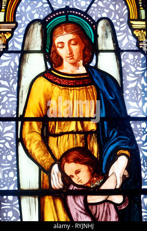 Saint-Jean de Bosco church.  Stained glass window. Guardian angel. Bons en Chablais. France. Stock Photo