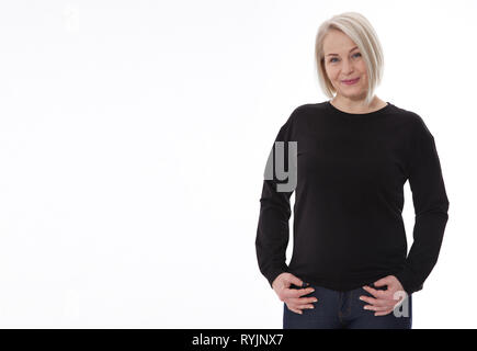 Shirt design and fashion concept. Woman in black sweatshirt, black hoodies, blank isolated on white background. mock up Stock Photo