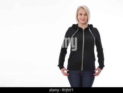 Shirt design and fashion concept - young woman in sweatshirt front and rear, black hoodies, blank isolated on white background. mock up Stock Photo