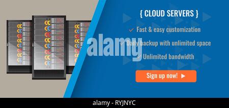 Web hosting server or cloud server advertisement template layout design. Vector illustration. Stock Vector