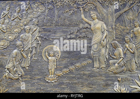 Tinh Xa Ngoc Chau Buddhist temple. The Life of the Buddha, Siddhartha Gautama. The birth of infant Siddhartha as a prince who pointing to the North, w Stock Photo