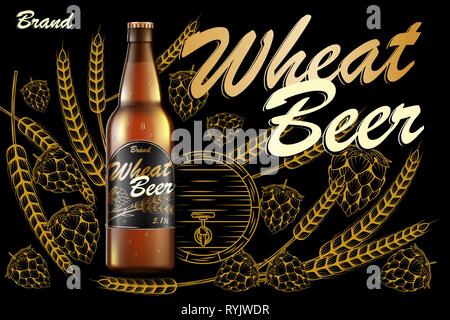 Craft wheat beer ads design. Realistic malt golden bottle beer isolated on dark background with ingredients wheats, hops and barrel. Vector 3d Stock Vector
