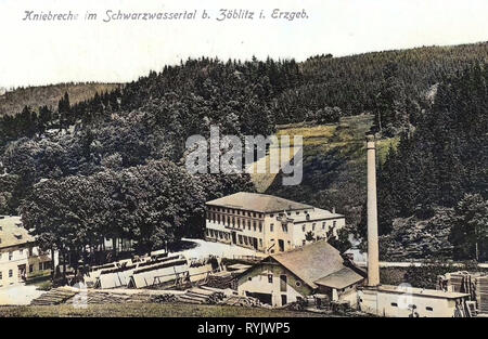 Schwarze Pockau, Sawmills in Saxony, Buildings in Erzgebirgskreis, 1911, Erzgebirgskreis, Zöblitz, Kniebreche im Schwarzwassertal, Germany Stock Photo