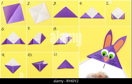 How to make Origami paper bookmark form of bunny for Easter greetings. Children's art project. DIY concept. Step by step photo instruction Stock Photo