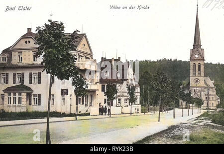 Villas in Saxony, Holy Trinity Church (Bad Elster), Streets in Bad Elster, 1914, Vogtlandkreis, Bad Elster, Villen an der Kirche, Germany Stock Photo