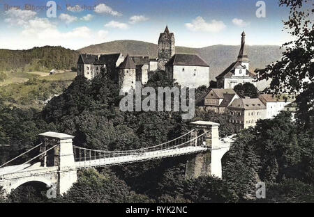 History of Loket Castle, Churches in Sokolov District, 1914, Karlovy Vary Region, Elbogen, Burg und Brücke, Czech Republic Stock Photo