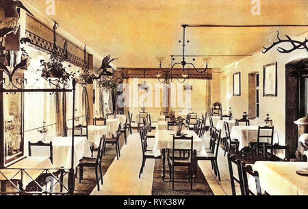 Hotels in Saxony, Dining rooms in Germany, Buildings in Landkreis Sächsische Schweiz-Osterzgebirge, Taxidermied Ciconia ciconia, Antlers, Rectangular tables, Chairs in Germany, 1914, Landkreis Sächsische Schweiz-Osterzgebirge, 1910s interiors, Kipsdorf, Bahnhotel Zur Tellkoppe, Speisesaal Stock Photo