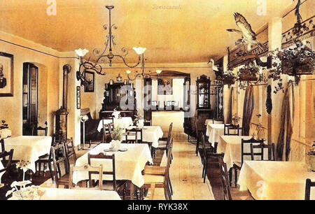 Hotels in Saxony, Dining rooms in Germany, Taxidermied Ciconia ciconia, Taxidermied Accipitriformes, Antlers, Stoves in Germany, Rectangular tables, Chairs in Germany, 1914, Landkreis Sächsische Schweiz-Osterzgebirge, 1910s interiors, Kipsdorf, Bahnhotel Zur Tellkoppe, Speisesaal Stock Photo