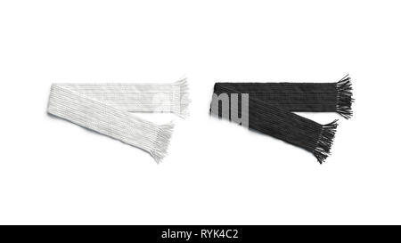 Blank black and white knitted scarf folded mockup set, isolated, 3d rendering. Empty soft clothing mock up. Clear folded necker chief for design templ Stock Photo