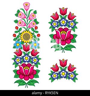 Floral Polish folk art vector design elements, motifs for weddding invitation, greeting card, Zalipie patterns with flowers Stock Vector